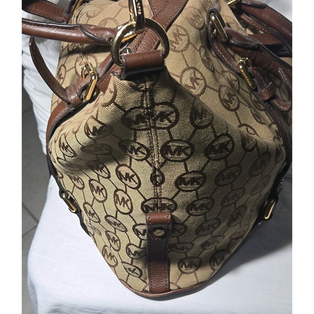 Michael Kors MK Logo Satchel Brown Monogram Bag Gold Tone Flawed/Worn Handles - Picture 6 of 15